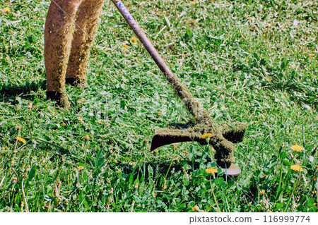 Landscaper uses Weed Eater without protecting his skin with protective clothing. Landscaper uses Weed Eater without protecting his skin with protective clothing. 116999774
