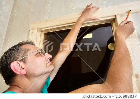 Door casing trimming, marking before installing casings. 116999837