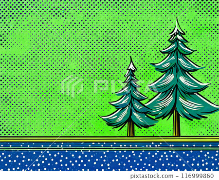 Dotted background image with fir trees. Green background. AI generated image. 116999860