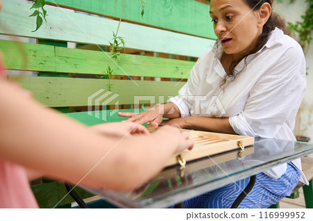 Mother and child enjoying a fun board game together outdoors 116999952