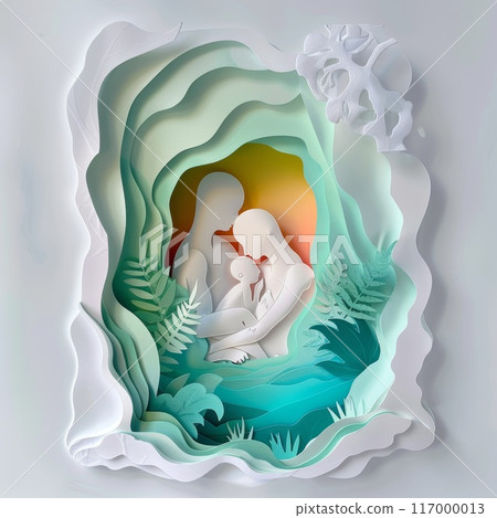 Abstract paper art of a family with a baby, colorful background, nature, protection, unity, parenthood, love, artistic design 117000013
