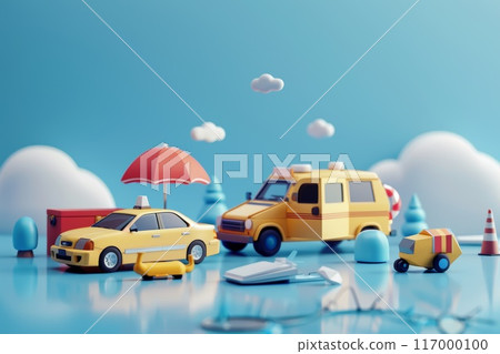 3D illustration of toy vehicles including a taxi and van under an umbrella Concept transportation travel toy art 117000100