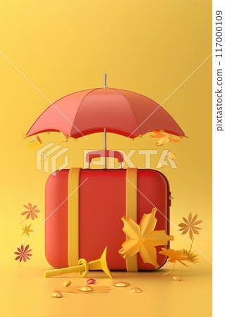 Red suitcase with yellow straps under a red umbrella on a yellow background surrounded by flower petals travel protection insurance vacation safety 117000109