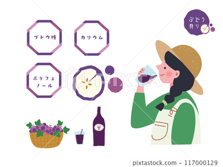 Illustration of a female farmer drinking grape juice 117000129
