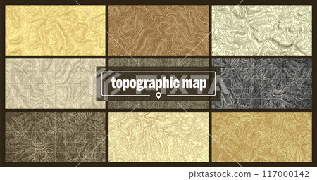 Colorful topographic map with contour lines. Geographic terrain grid, relief height elevation. Ground path pattern. Travel and navigation, cartography design element. Vector illustration 117000142