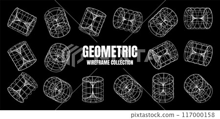 Wireframe lined shapes. Perspective mesh, 3d grid. Low poly geometric elements. Retro futuristic design elements, y2k, vaporwave and synthwave style. Vector illustration Wireframe lined shapes. Perspective mesh, 3d grid. Low poly geometric elements. Retro futuristic design elements, y2k, vaporwave and synthwave style. Vector illustration 117000158