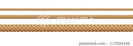 Rope string, realistic jute cord, hemp twisted rope isolated on white background. 117000160