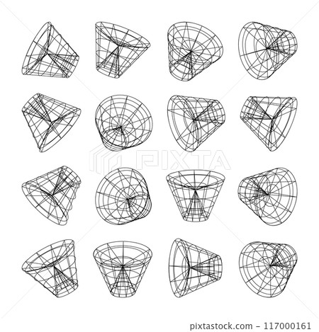 Wireframe lined shapes. Perspective mesh, 3d grid. Low poly geometric elements. Retro futuristic design elements, y2k, vaporwave and synthwave style. Vector illustration 117000161