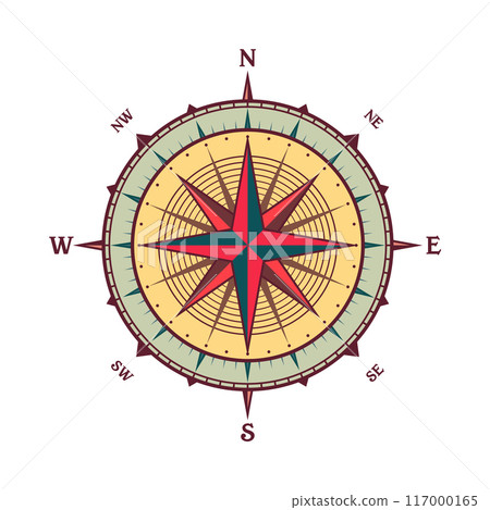 Vintage marine wind rose, nautical chart. Colorful navigational compass with cardinal directions of North, East, South, West. Geographical position, cartography and navigation. Vector illustration 117000165