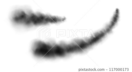 Black smoke trails, dark fog in the sky, black vapor from burning fire. Black smoke trails, dark fog in the sky, black vapor from burning fire. 117000173