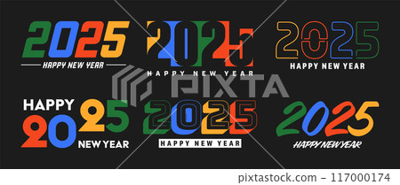 Set of 2025 Happy New Year greeting text designs. Christmas banner, poster, festive greeting card or seasonal promotion template. Collection of 2025 numbers with greetings. Vector illustration 117000174