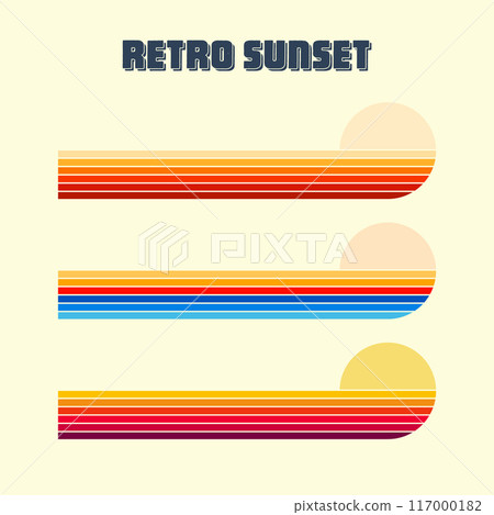 Horizontal vintage sunsets. Various colorful striped sunrise badges in 80s and 90s style. Sun and ocean view, summer vibes, surfing. Design element, print, logo or t-shirt. Vector illustration 117000182