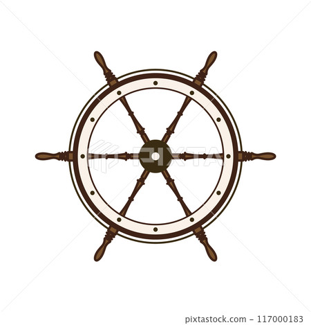 Wooden vintage steering wheels. Ship, sailboat or yacht retro wheel symbol. Nautical rudder icon. Marine logotype design element. Vector illustration 117000183