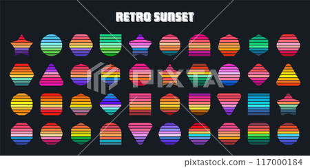 Vintage sunset collection. Various colorful striped sunrise badges in 80s and 90s style. Sun and ocean view, summer vibes, surfing. Design element for print, logo or t-shirt. Vector illustration Vintage sunset collection. Various colorful striped sunrise badges in 80s and 90s style. Sun and ocean view, summer vibes, surfing. Design element for print, logo or t-shirt. Vector illustration 117000184