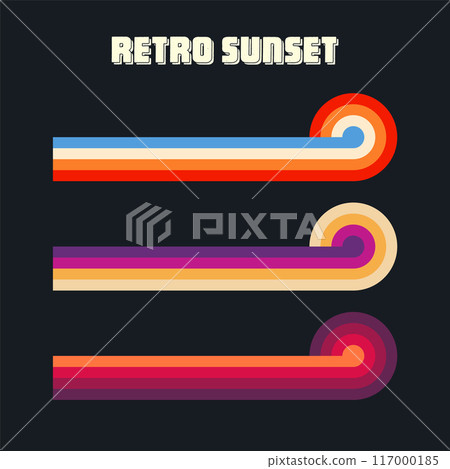 Vintage sunset collection. Various colorful striped sunrise badges in 80s and 90s style. Sun and ocean view, summer vibes, surfing. Design element for print, logo or t-shirt. Vector illustration Vintage sunset collection. Various colorful striped sunrise badges in 80s and 90s style. Sun and ocean view, summer vibes, surfing. Design element for print, logo or t-shirt. Vector illustration 117000185