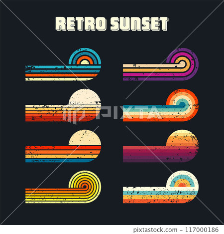 Grunge horizontal vintage sunsets. Various colorful striped sunrise badges in 80s and 90s style. Sun and ocean view, summer vibes, surfing. Design element, print, logo or t-shirt. Vector illustration Grunge horizontal vintage sunsets. Various colorful striped sunrise badges in 80s and 90s style. Sun and ocean view, summer vibes, surfing. Design element, print, logo or t-shirt. Vector illustration 117000186