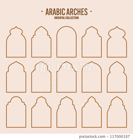 Islamic frames, oriental style objects. Arabic shapes, windows and arches. Traditional ornamental banner, frame. Muslim holidays, Ramadan Kareem. Modern eastern architecture. Vector illustration Islamic frames, oriental style objects. Arabic shapes, windows and arches. Traditional ornamental banner, frame. Muslim holidays, Ramadan Kareem. Modern eastern architecture. Vector illustration 117000187