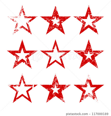 Red vintage stars with cracks and stains. Old hand-drawn sign, black simple shape. Retro design element with distressed effect, grunge texture. Vector illustration Red vintage stars with cracks and stains. Old hand-drawn sign, black simple shape. Retro design element with distressed effect, grunge texture. Vector illustration 117000189