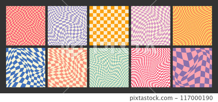 Groovy checkered pattern, colorful distorted tiled grid. Vintage wavy curved backdrop, distortion effect. Funky geometric chessboard texture, retro background in 90s style, y2k. Vector illustration Groovy checkered pattern, colorful distorted tiled grid. Vintage wavy curved backdrop, distortion effect. Funky geometric chessboard texture, retro background in 90s style, y2k. Vector illustration 117000190