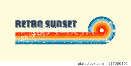 Grunge horizontal vintage sunset. Various colorful striped sunrise badges in 80s and 90s style. Sun and ocean view, summer vibes, surfing. Design element, print, logo or t-shirt. Vector illustration 117000191