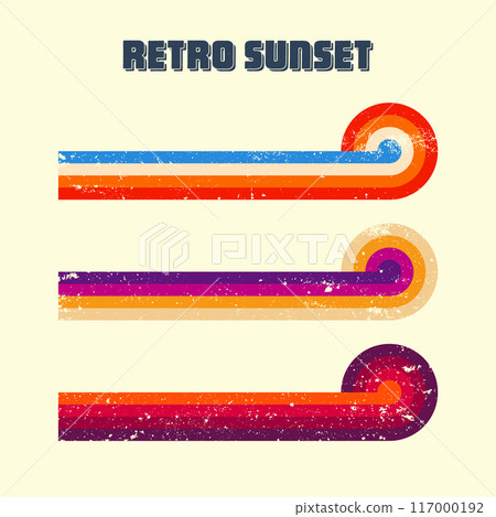 Grunge horizontal vintage sunsets. Various colorful striped sunrise badges in 80s and 90s style. Sun and ocean view, summer vibes, surfing. Design element, print, logo or t-shirt. Vector illustration 117000192
