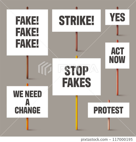 Blank white protest signs with text slogans on wooden holder. Various realistic vector demonstration banners. Strike action cardboard placard mockup. Social advertisement. Vector illustration 117000195