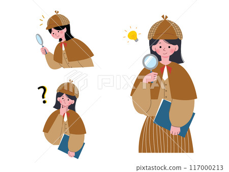 Illustration of a girl dressed as a detective solving a mystery Illustration of a girl dressed as a detective solving a mystery 117000213