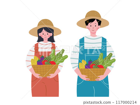 Illustration of male and female farmers holding baskets full of vegetables Illustration of male and female farmers holding baskets full of vegetables 117000214