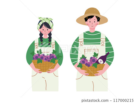 一個男人和一個女人拿著裝滿葡萄的籃子的插圖 一個男人和一個女人拿著裝滿葡萄的籃子的插圖 117000215