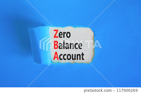ZBA zero balance account symbol. Concept words ZBA zero balance account on beautiful white paper. Beautiful blue paper background. Business ZBA zero balance account concept. Copy space. 117000269