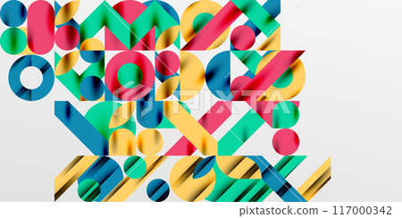 Colorful simple dynamic geometric forms circles lines and round shapes. Mosaic techno art concept. Vector Illustration For Wallpaper, Banner, Background, Card, Book Illustration, landing page 117000342