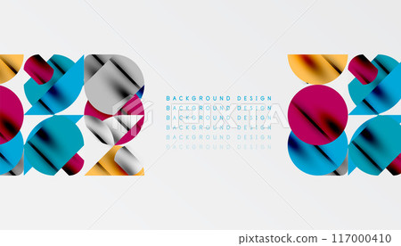 Color beautiful circles, semi circles, squares and round triangles. Geometric mosaic style pattern abstract background for wallpaper, banner, backdrop, card, book Illustration, landing page Color beautiful circles, semi circles, squares and round triangles. Geometric mosaic style pattern abstract background for wallpaper, banner, backdrop, card, book Illustration, landing page 117000410