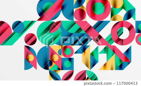 Neo memphis geometric pattern with circles, squares and lines. Pop art abstract background for covers, banners, flyers and posters and other templates Neo memphis geometric pattern with circles, squares and lines. Pop art abstract background for covers, banners, flyers and posters and other templates 117000413