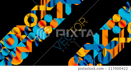 Colorful simple dynamic geometric forms circles lines and round shapes. Mosaic techno art concept. Vector Illustration For Wallpaper, Banner, Background, Card, Book Illustration, landing page Colorful simple dynamic geometric forms circles lines and round shapes. Mosaic techno art concept. Vector Illustration For Wallpaper, Banner, Background, Card, Book Illustration, landing page 117000422