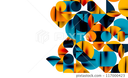 Color beautiful circles, semi circles, squares and round triangles. Geometric mosaic style pattern abstract background for wallpaper, banner, backdrop, card, book Illustration, landing page 117000423