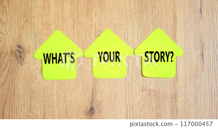 Storytelling and what is your story symbol. Concept words What is your story on beautiful paper houses. Beautiful wooden background. Business storytelling and what is your story concept. Copy space. 117000457
