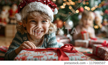 Joyful Cute Boy in a Red Christmas Hat in Front of a Christmas Tree Joyful Cute Boy in a Red Christmas Hat in Front of a Christmas Tree 117000507