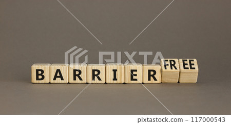 Barrier free symbol. Concept words Barrier free on beautiful wooden cubes. Beautiful grey table grey background. Business, inclusivity and barrier free concept. Copy space. Barrier free symbol. Concept words Barrier free on beautiful wooden cubes. Beautiful grey table grey background. Business, inclusivity and barrier free concept. Copy space. 117000543
