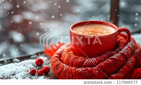 Cozy winter image with a cup of hot cocoa in a red scarf 117000577