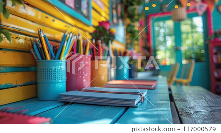 Colorful Art Supplies on a Desk 117000579