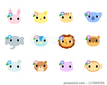 Animal face icon set decorated with morning glory Animal face icon set decorated with morning glory 117000764