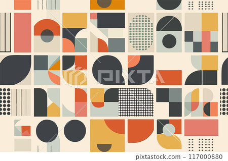 Square geometric shapes seamless pattern. Retro color funky cartoon isolated textile print pattern. Vector illustration on background Square geometric shapes seamless pattern. Retro color funky cartoon isolated textile print pattern. Vector illustration on background 117000880