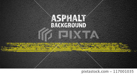 Yellow grunge tire tracks, wheel braking marks. Truck, car or motorcycle tread pattern silhouettes. Auto race, motorsport, speed racing design element. Asphalt texture. Vector illustration 117001035