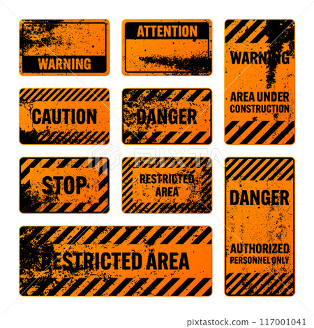 Orange grunge warning signs with diagonal lines. Old attention, danger or caution sign, construction site signage. Realistic notice signboard, warning banner, road shield. Vector illustration Orange grunge warning signs with diagonal lines. Old attention, danger or caution sign, construction site signage. Realistic notice signboard, warning banner, road shield. Vector illustration 117001041