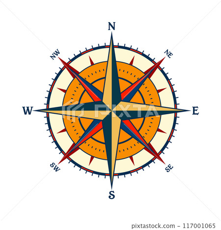 Vintage marine wind rose, nautical chart. Colorful navigational compass with cardinal directions of North, East, South, West. Geographical position, cartography and navigation. Vector illustration 117001065