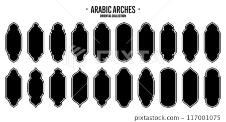 Islamic frames, oriental style objects. Arabic shapes, windows and arches. Traditional ornamental banner, frame. Muslim holidays, Ramadan Kareem. Modern eastern architecture. Vector illustration Islamic frames, oriental style objects. Arabic shapes, windows and arches. Traditional ornamental banner, frame. Muslim holidays, Ramadan Kareem. Modern eastern architecture. Vector illustration 117001075
