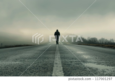 lonely man walking on a road among the landscape 117001297