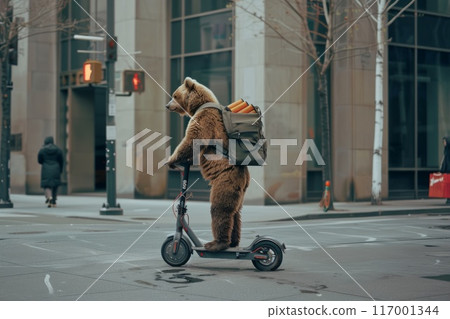 bear rides a scooter on a city sidewalk 117001344