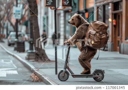 bear rides a scooter on a city sidewalk 117001345