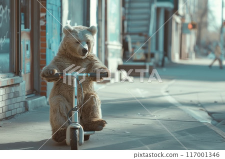 bear rides a scooter on a city sidewalk bear rides a scooter on a city sidewalk 117001346